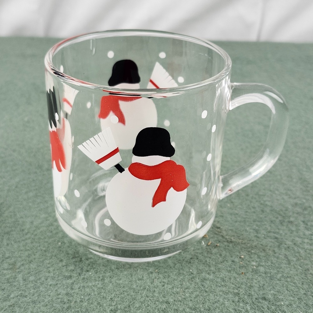 Crate & Barrel (Luminarc) Falling Snow Snowmen with broom Glass Mug